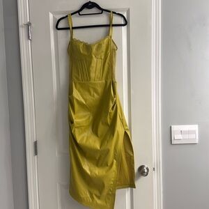 Faux leather lime green lace sides dress with split